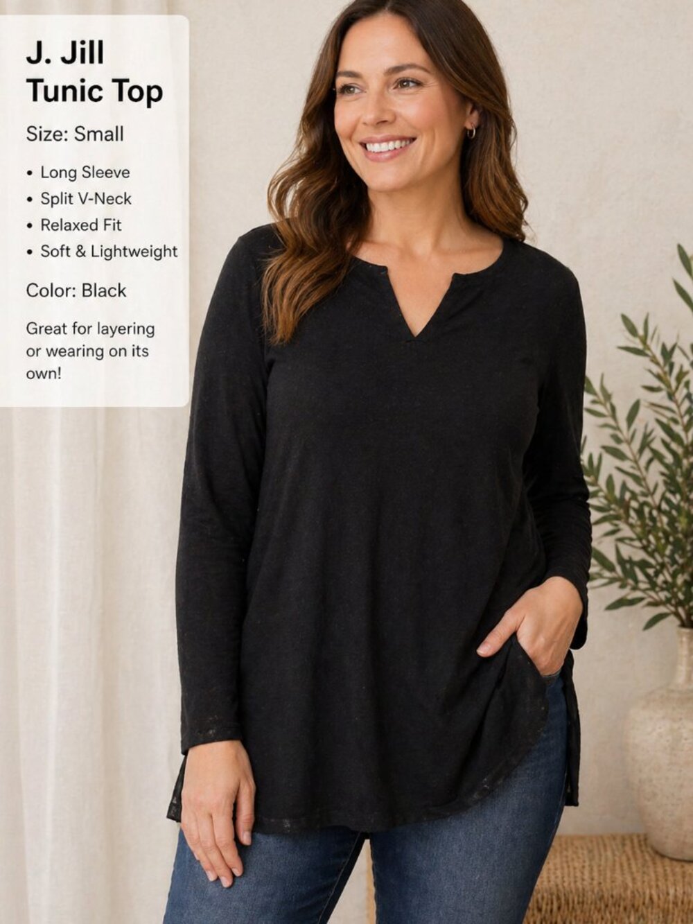 J Jill Black Lightweight Knit Tunic Sweater Small Long Sleeve Casual